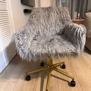 Gray Faux Fur Swivel Chair with Gold Base